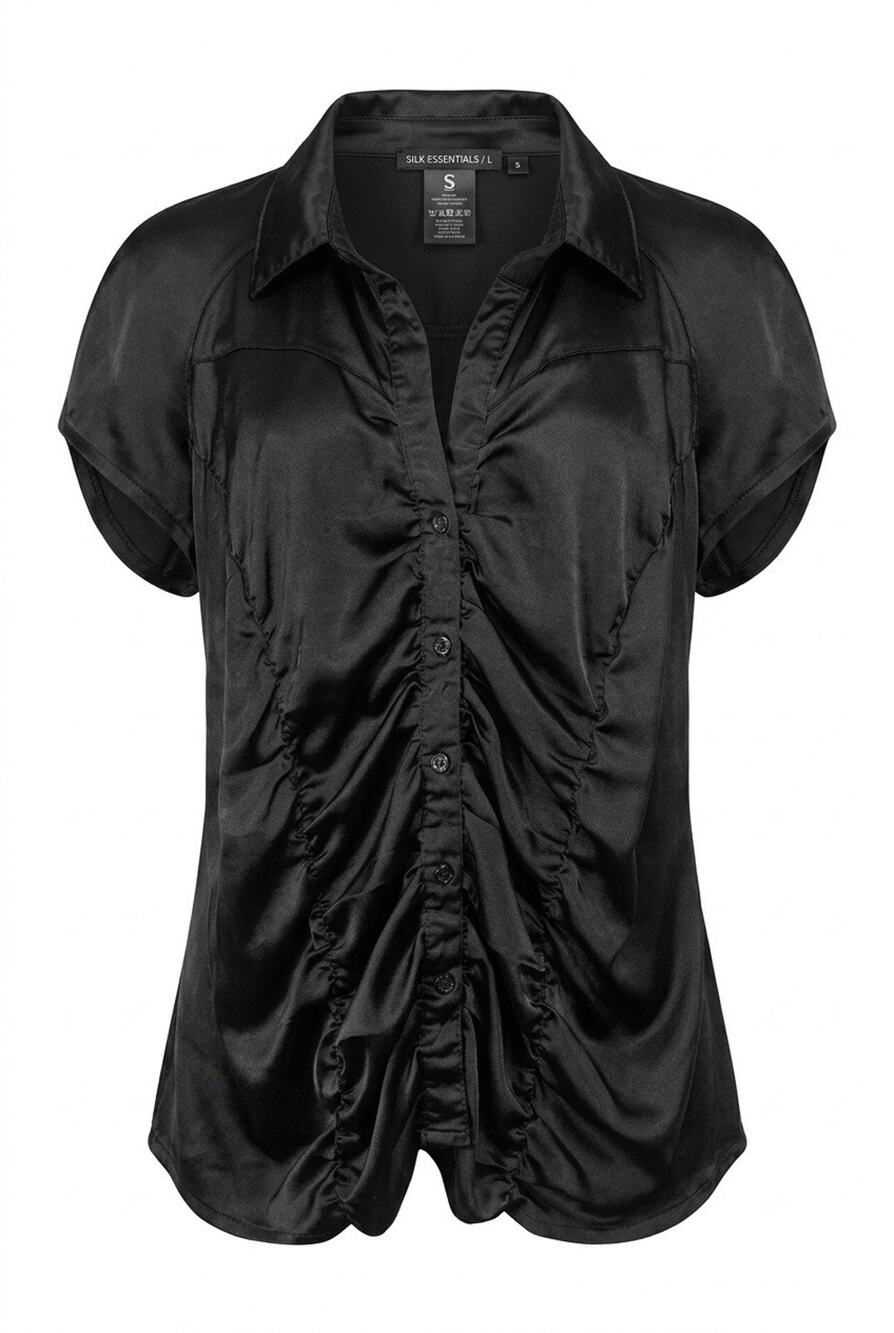 Vintage Silk Blend Black Women's Ruched Button Down Shirt size 3X Care N Sport
